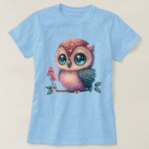 ハートアクセントで枝に止まる漫画のフクロウ Tシャツ