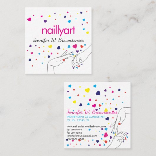 ハートアクリル爪、 ネイルスパスタイリストピンクブルーイエロー スクエア名刺 (正面/裏面)