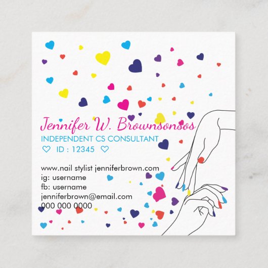 ハートアクリル爪、 ネイルスパスタイリストピンクブルーイエロー スクエア名刺 (裏面)