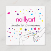 ハートアクリル爪、 ネイルスパスタイリストピンクブルーイエロー スクエア名刺 (正面)