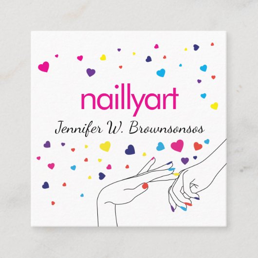 ハートアクリル爪、 ネイルスパスタイリストピンクブルーイエロー スクエア名刺 (正面)