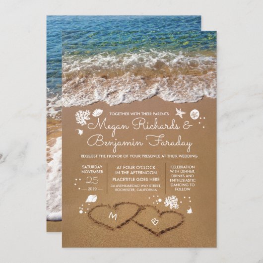 ハートインサンドサマービーチ結婚式 招待状 (正面/裏面)