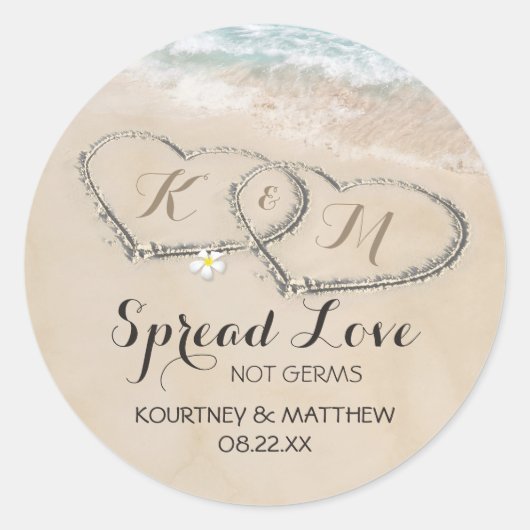 ハートインサンドハンドサニタイザー結婚式の引き出物 ラウンドシール (正面)