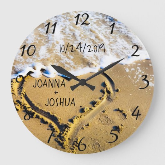 ハートインサンドビーチトロピカル海ビューカスタム ラージ壁時計 (正面)