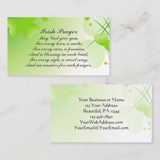 ハートインスパイアとシャムロックとのアイルランドの祈りの言葉 名刺 (正面/裏面)