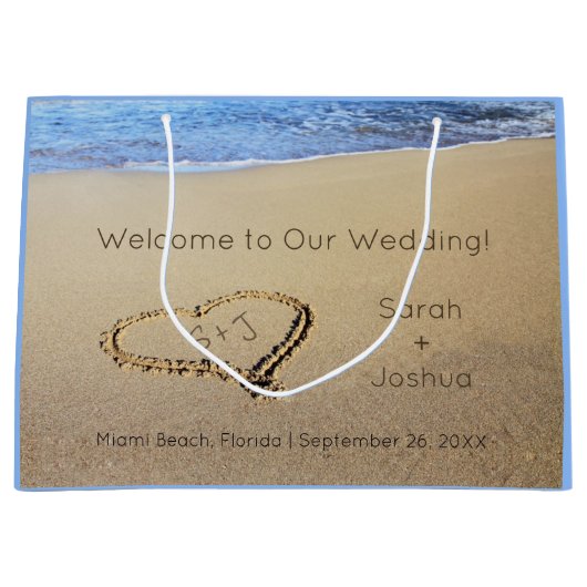 ハートイン砂ビーチ目的地ウェディングウェルカム ラージペーパーバッグ (正面)