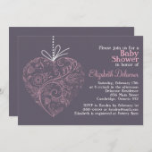 ハートエレガントオーナメントパープルベビーシャワー 招待状 (正面/裏面)