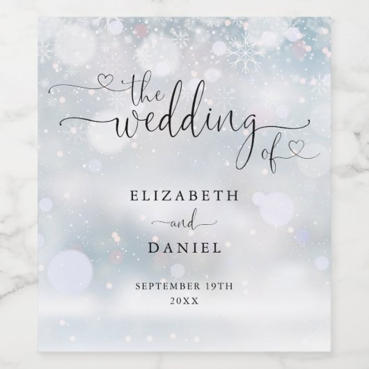 ハートエレガントスクリプト冬の結婚式 ワインラベル (シングルラベル)