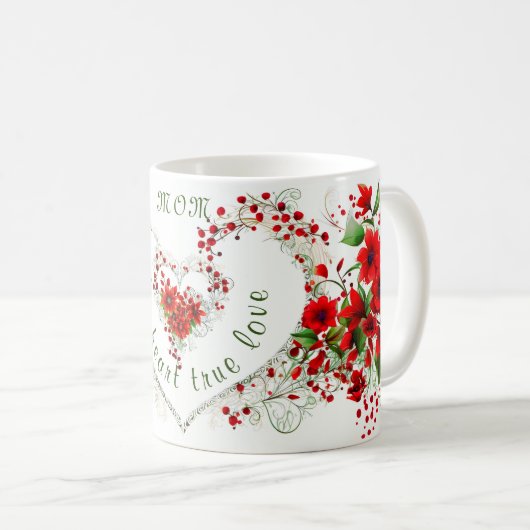 ハートエレガントモノグラム名前をカスタムする赤い花 コーヒーマグカップ (正面右)