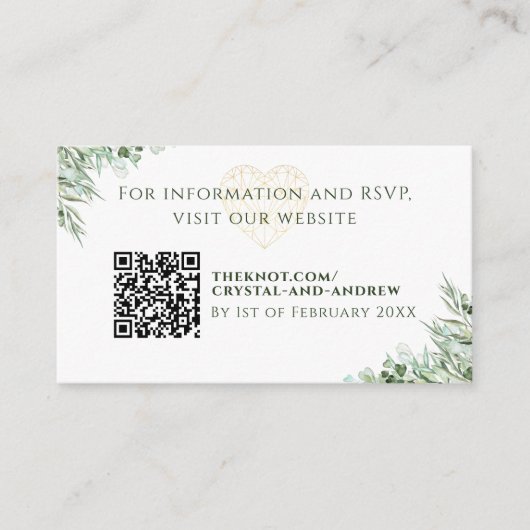 ハートエレガントユーカリの葉結婚のウェブサイト エンクロージャーカード (正面)