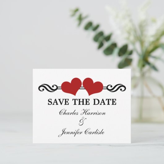 ハートエレガント日付はがき、赤を保存 案内ポストカード (スタンド正面)
