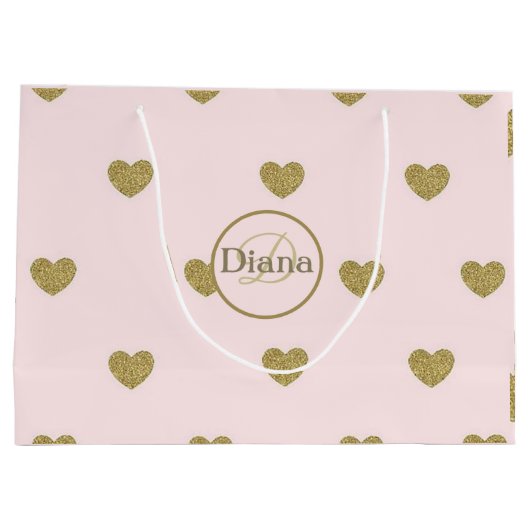 ハートエレガント赤面ピンクモノグラム名 ラージペーパーバッグ (裏面)