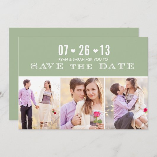 ハートエレガント·グリーンが日付を写真と共に保存 セーブザデート (正面/裏面)