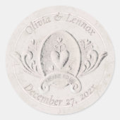 ハートエンボスエンブレムヴィンテージウェディング日付名 ラウンドシール (正面)