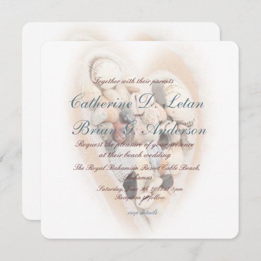 ハートオブシーシェルズビーチ結婚式婚約招待状 招待状 (正面/裏面)