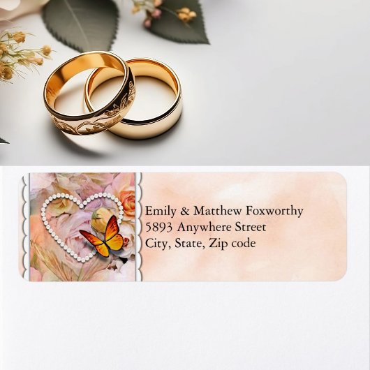 ハートオレンジバラ蝶カップルのアドレス ラベル