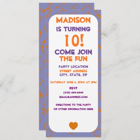 ハートオレンジパープルスクウェア円ドット誕生日 招待状 (正面/裏面)