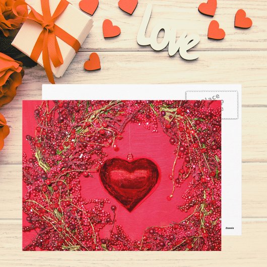 ハートオーナメントのビーズリースはがき ポストカード