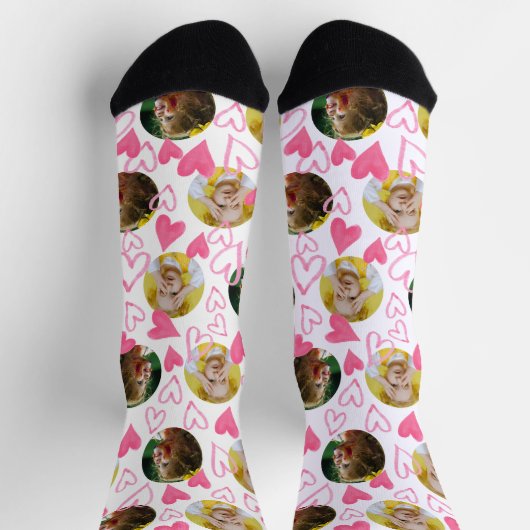 ハートカスタムのキッドフォトピンクのバレンタインクルーソックス ソックス (上部)