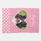 ハートカスタムシェイプのペット写真オンピンク&文字 キッチンタオル (横)