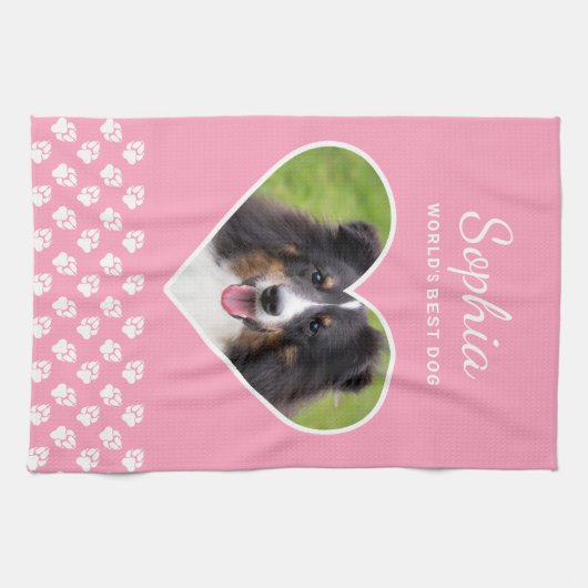 ハートカスタムシェイプのペット写真オンピンク&文字 キッチンタオル (横)