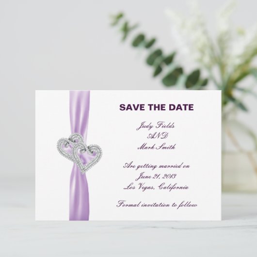 ハートカスタムラベンダーリボン日付カードを保存 セーブザデート (スタンド正面)