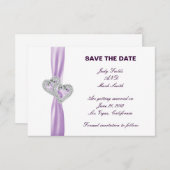 ハートカスタムラベンダーリボン日付カードを保存 セーブザデート (正面/裏面)