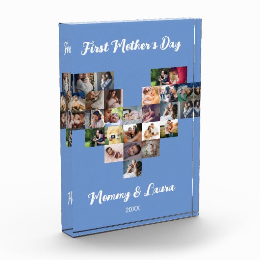 ハートカスタム写真コラージュ最初の母の日の青 フォトブロック (左)
