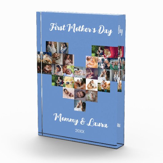 ハートカスタム写真コラージュ最初の母の日の青 フォトブロック (右)