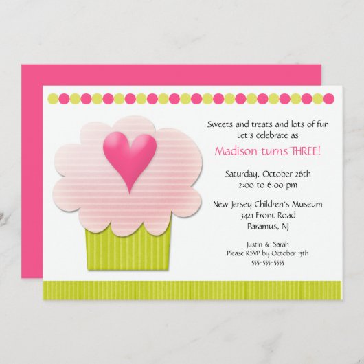 ハートカップケーキ誕生パーティーの招待 招待状 (正面/裏面)