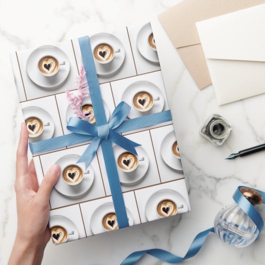 ハートカプチーノカップオンホワイト ラッピングペーパー (ギフト)