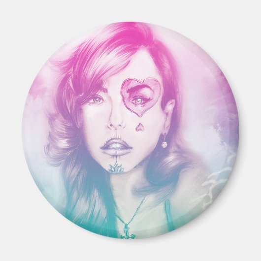 ハートカラフルアイガール、ラウンドマグネット – レインボー マグネット (正面)