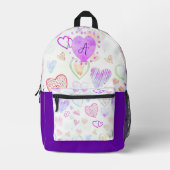 ハートカラフルパターンとイニシャル文字モノグラム プリントバックパック (正面)