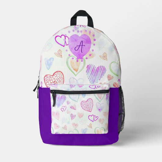 ハートカラフルパターンとイニシャル文字モノグラム プリントバックパック (正面)