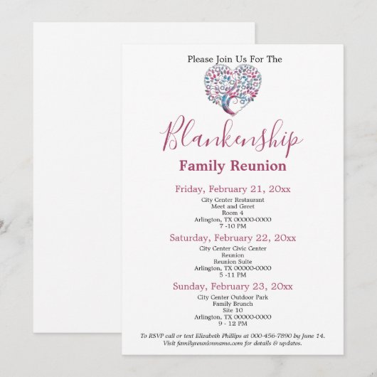 ハートカラフル型ツリーファミリー懇親会テンプレート 招待状 (正面/裏面)