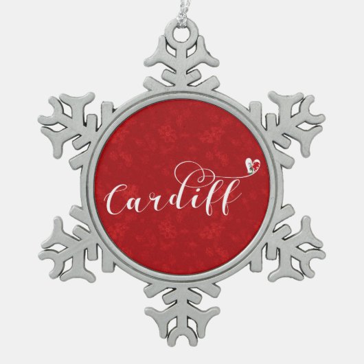 ハートカーディフ国旗、カーディッド、ウェールズ、セラミックorname スノーフレークピューターオーナメント (正面)