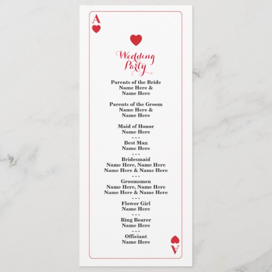 ハートカード結婚式プログラムのベガスのカジノのエース プログラム (裏面)
