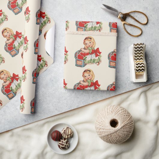 ハートガールチャイルドレトロかわいい子ども ラッピングペーパー (クラフト)