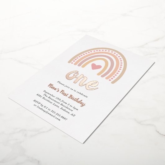 ハートガールボーホレインボーファースト誕生日バラ金ゴールド 箔招待状 (回転した状態)