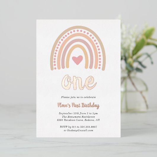 ハートガールボーホレインボーファースト誕生日バラ金ゴールド 箔招待状 (立ち正面)