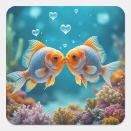 ハートキスをするバブル魚 スクエアシール