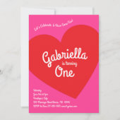 ハートキッズ1日目の誕生日パーティーピンクと赤 招待状 (正面)