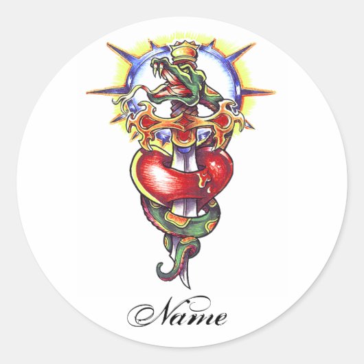 ハートクール剣と蛇の入れ墨のシール ラウンドシール (正面)