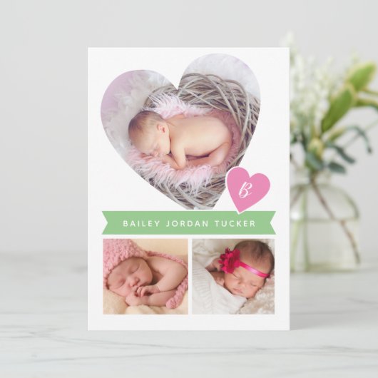 ハートコラージピンクグリーンベビーガール誕生 案内状 (スタンド正面)