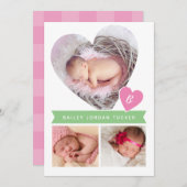 ハートコラージピンクグリーンベビーガール誕生 案内状 (正面/裏面)
