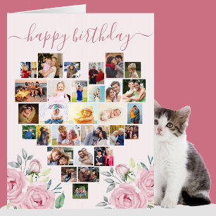 ハートコラージピンク牡丹ビッグ誕生日カード カード