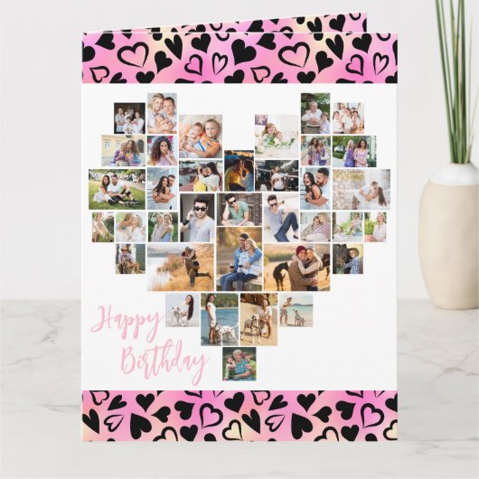 ハートコラージュのピンクのハート任意の年齢の誕生日 カード (正面)