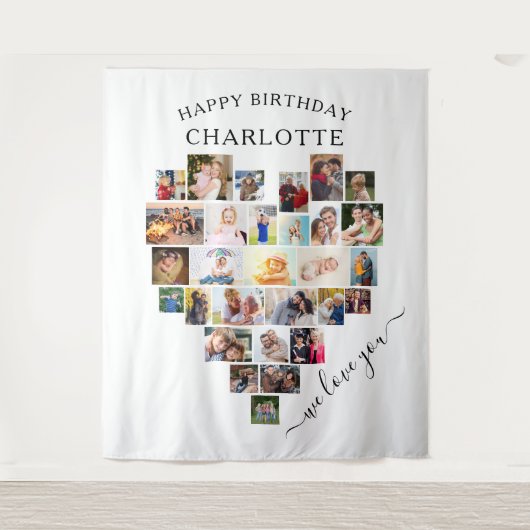 ハートコラージュパーソナライズされたハッピーバースデー タペストリー (正面)
