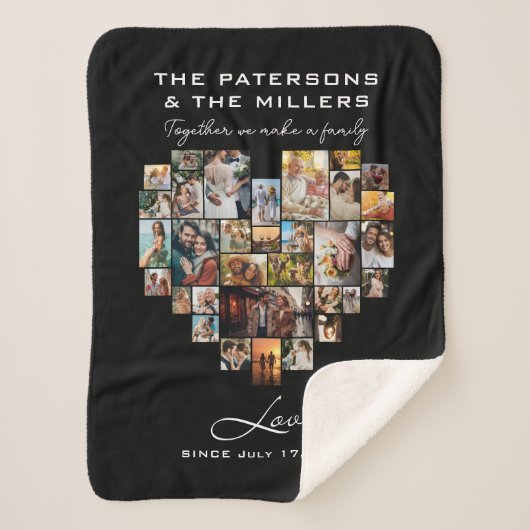 ハートコラージュ写真ファミリー記念日ブラック シェルパブランケット (正面)