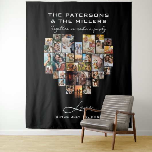 ハートコラージュ写真ファミリー記念日ブラック タペストリー (インサイチュ)